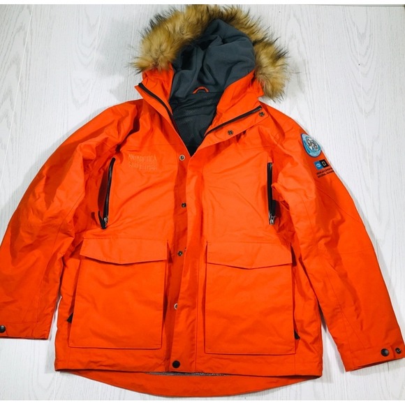 National Geographic Lindblad Expeditions Orange Hooded Jacket Men L Parka Zip Up - Picture 1 of 14